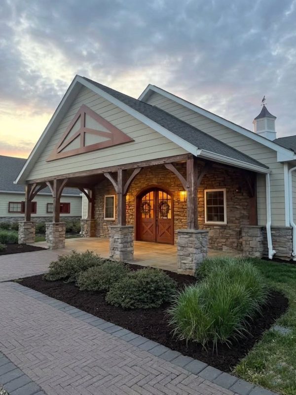The barn entrance at dusk, lit from within